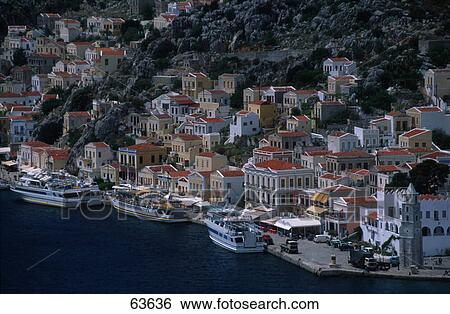 Aerial view of harbor, Gialos, Greece View Large Photo Image Stock Photograph - Aerial view of harbor, Gialos, Greece . Fotosearch
