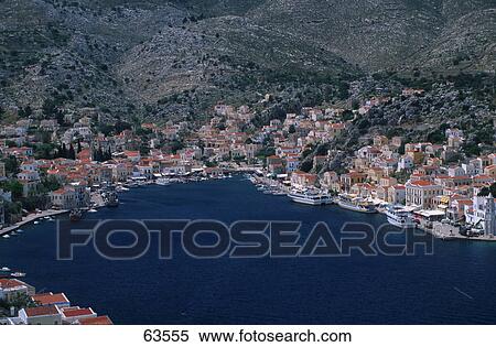 Aerial view of port town, Dodecanese Islands, Greece View Large Photo Image Stock Photography - Aerial view of port town, Dodecanese Islands, Greece . Fotosearch
