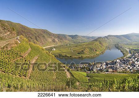 Stock Image - Aerial view of town at riverside, River Moselle, Germany . Fotosearch