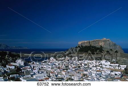 Stock Image - Aerial view of town, Lindos, Dodecanese Islands, Greece . Fotosearch