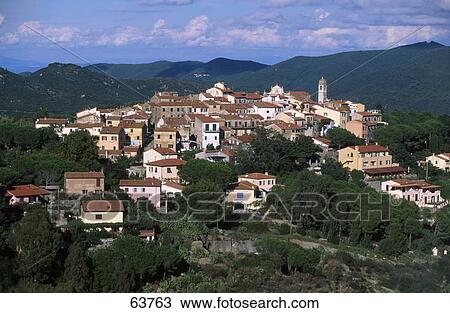 Aerial view of town on hill, Elba Island, Tuscany, Italy View Large Photo Image Stock Image - Aerial view of town on hill, Elba Island, Tuscany, Italy . Fotosearch