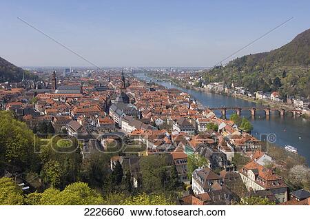 Stock Image - Aerial view of town, River Neckar, Baden-Wurttemberg, Germany . Fotosearch