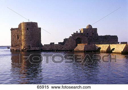 Stock Photography - Ancient fort at waterfront, Sidon Sea Castle, Sidon, South Governorate, Lebanon . Fotosearch