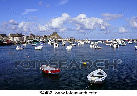Stock Image - Boats in ocean, Barfleur, Manche, Normandy, France . Fotosearch
