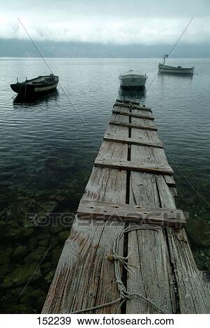 Stock Photo - Boats near a wooden pier in the river water, Krk Island, Croatia . Fotosearch