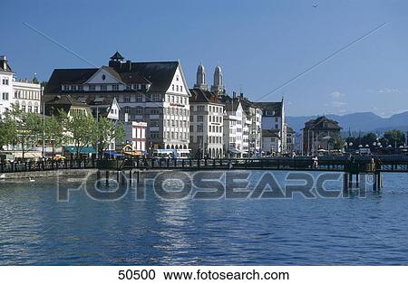Bridge across river, River Limmat, Zurich, Switzerland View Large Photo Image Stock Image - Bridge across river, River Limmat, Zurich, Switzerland . Fotosearch