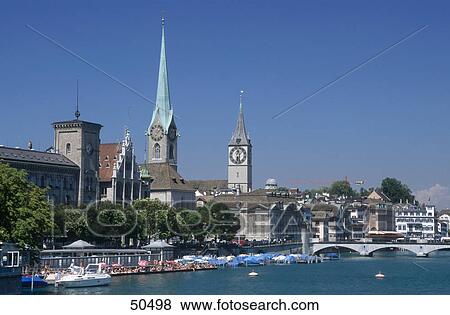 Bridge across river, River Limmat, Zurich, Switzerland View Large Photo Image Stock Photo - Bridge across river, River Limmat, Zurich, Switzerland . Fotosearch