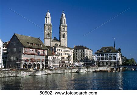 Stock Image - Buildings at waterfront, River Limmat, Zurich, Switzerland . Fotosearch