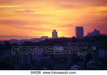 Stock Photograph - Buildings in city at dusk, Istanbul, Turkey . Fotosearch