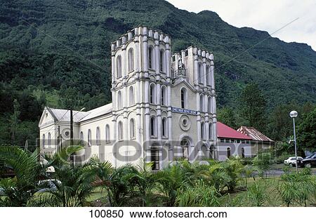 Church in front of mountain, Reunion Island, France View Large Photo Image Stock Image - Church in front of mountain, Reunion Island, France . Fotosearch