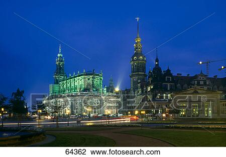 Stock Image - Church lit up at night, Katholische Hofkirche, Dresden, Germany . Fotosearch