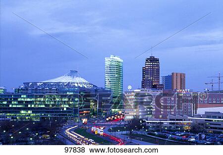 City skyline lit up at night, Mercedes Building, Sony Center, Potsdamer Platz, Berlin, Germany View Large Photo Image Stock Photo - City skyline lit up at night, Mercedes Building, Sony Center, Potsdamer Platz, Berlin, Germany . Fotosearch