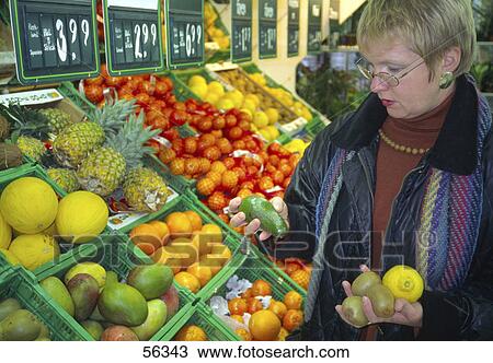 Stock Image - Close-up of a woman buying fruits in a supermarket . Fotosearch