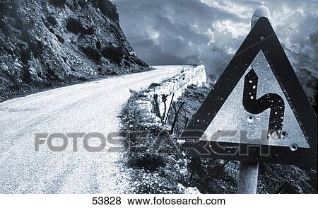 Close-up of warning sign at roadside View Large Photo Image Stock Photo - Close-up of warning sign at roadside . Fotosearch