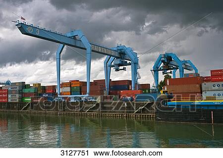 Stock Image - Container port in Wiesbaden, Germany . Fotosearch