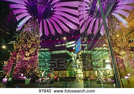 Cupola of building lit up at night, Sony Center, Potsdamer Platz, Berlin, Germany View Large Photo Image Stock Image - Cupola of building lit up at night, Sony Center, Potsdamer Platz, Berlin, Germany . Fotosearch