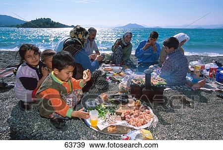 Stock Photo - Family enjoying picnic on beach . Fotosearch