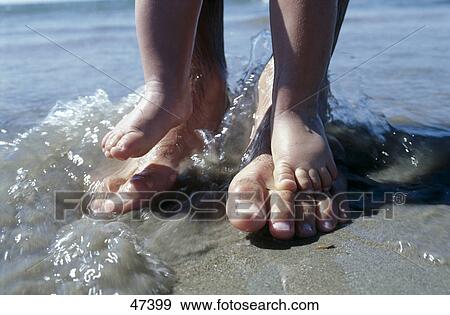 Feet of father and child at beach, close-up View Large Photo Image Stock Photo - Feet of father and child at beach, close-up . Fotosearch