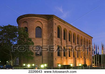 Flags in front of lit up building, Konstantin Basilika, Trier, Germany View Large Photo Image Stock Image - Flags in front of lit up building, Konstantin Basilika, Trier, Germany . Fotosearch