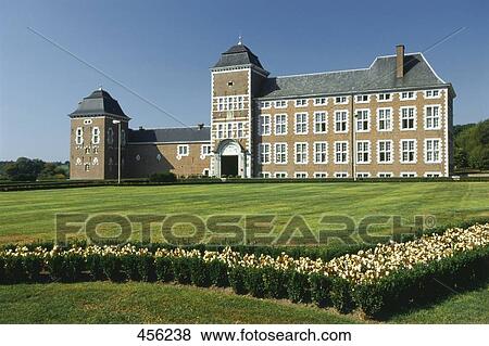 Formal garden in front of building, Belgium View Large Photo Image Stock Photo - Formal garden in front of building, Belgium . Fotosearch