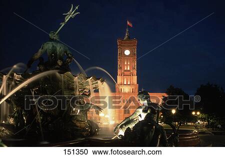 Fountain in front of city hall at night, Rotes Rathaus, Berlin, Germany View Large Photo Image Stock Image - Fountain in front of city hall at night, Rotes Rathaus, Berlin, Germany . Fotosearch