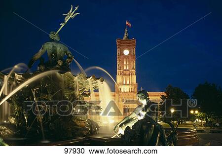 Fountain in front of clock tower in town, Neptune Fountain, City Hall, Clock Tower, Berlin, Germany View Large Photo Image Stock Image - Fountain in front of clock tower in town, Neptune Fountain, City Hall, Clock Tower, Berlin, Germany . Fotosearch
