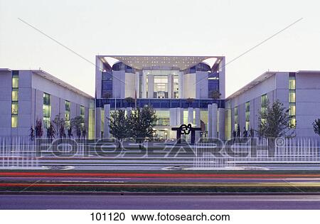 Stock Image - Fountain in front of government building at dawn, Kanzleramt, Berlin, Germany . Fotosearch