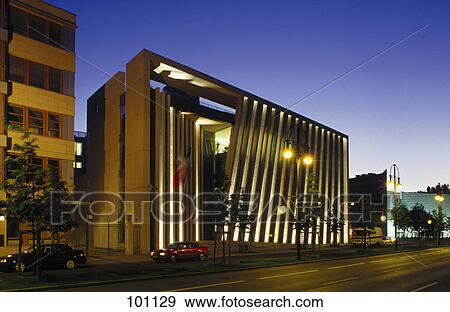 Stock Photo - Government building lit up at dusk, Embassy Of Mexico, Berlin, Germany . Fotosearch