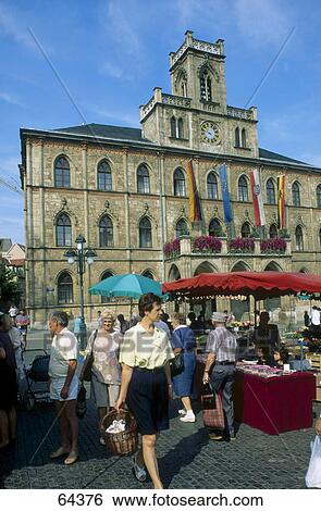 Stock Photograph - Group of people in market, Weimar, Thuringia, Germany . Fotosearch