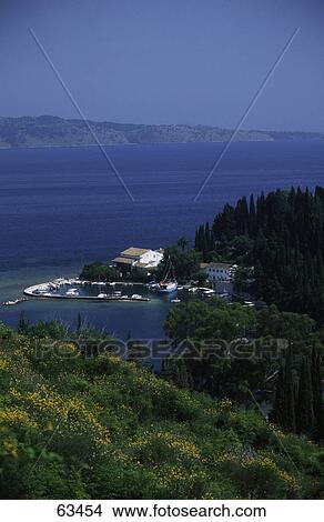 High angle view of bay, Kalami Bay, Kouloura, Corfu, Ionian Islands, Greece View Large Photo Image Picture - High angle view of bay, Kalami Bay, Kouloura, Corfu, Ionian Islands, Greece . Fotosearch