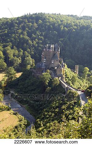 High angle view of castle on hill, Eltz Castle, Wierschem, Rhineland-Palatinate, Germany View Large Photo Image Stock Photo - High angle view of castle on hill, Eltz Castle, Wierschem, Rhineland-Palatinate, Germany . Fotosearch