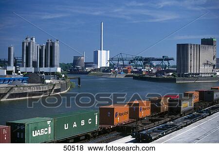 High angle view of freight train on track, Rhine River, Dusseldorf, Germany View Large Photo Image Stock Photo - High angle view of freight train on track, Rhine River, Dusseldorf, Germany . Fotosearch