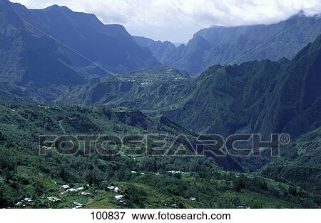 High angle view of houses in valley, Cirque of Salazie, Reunion Island, France View Large Photo Image Stock Photo - High angle view of houses in valley, Cirque of Salazie, Reunion Island, France . Fotosearch