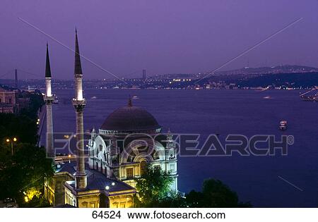 High angle view of mosque lit up at night, Dolmabahce Mosque, Istanbul, Turkey View Large Photo Image Picture - High angle view of mosque lit up at night, Dolmabahce Mosque, Istanbul, Turkey . Fotosearch