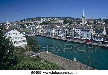 High angle view of river flowing through city, River Limmat, Zurich, Switzerland View Large Photo Image Stock Photo - High angle view of river flowing through city, River Limmat, Zurich, Switzerland . Fotosearch