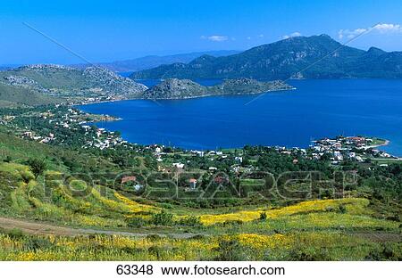 High angle view of town at coast, Mugla, Bozburun Peninsula, Marmaris, Turkey View Large Photo Image Stock Photo - High angle view of town at coast, Mugla, Bozburun Peninsula, Marmaris, Turkey . Fotosearch