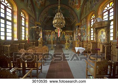 Stock Photography - Interior view of the Church of St. Mary at Lagoudi, Cos, Greece, vanishing point . Fotosearch