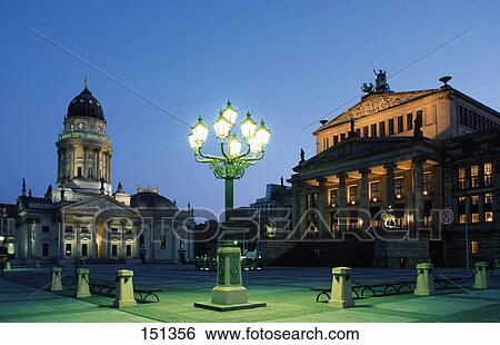Lamppost lit up in front of cathedral and concert hall, Deutscher Dom, Gendarmenmarkt, Berlin, Germany View Large Photo Image Stock Photograph - Lamppost lit up in front of cathedral and concert hall, Deutscher Dom, Gendarmenmarkt, Berlin, Germany . Fotosearch