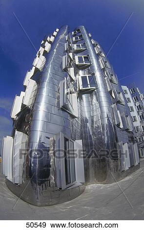Stock Photo - Low angle view of office building, Neuer Zollhof, Dusseldorf, North Rhine-Westphalia, Germany . Fotosearch