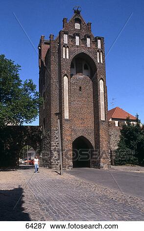 Low angle view of town gate, Stargard Gate, Neubrandenburg, Mecklenburg-Western Pomerania, Germany View Large Photo Image Stock Photo - Low angle view of town gate, Stargard Gate, Neubrandenburg, Mecklenburg-Western Pomerania, Germany . Fotosearch