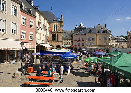Market square with court house Denzelt in Echternach, Luxembourg View Large Photo Image Stock Photo - Market square with court house Denzelt in Echternach, Luxembourg . Fotosearch