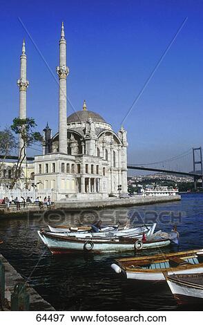 Stock Photo - Mosque at waterfront, Ortakoey Mosque, Istanbul, Turkey . Fotosearch