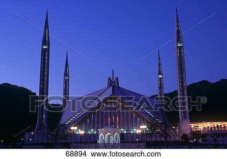 Picture - Mosque lit up at night, Islamabad, Pakistan . Fotosearch