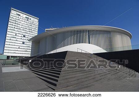 Stock Photograph - Office buildings in city, Neue Philharmonie, Luxembourg . Fotosearch