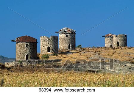 Old ruins of traditional windmill on hill, Mugla, Turkey View Large Photo Image Picture - Old ruins of traditional windmill on hill, Mugla, Turkey . Fotosearch
