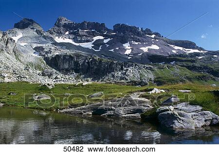 Reflection of mountain in lake, Swiss Alps, Switzerland View Large Photo Image Stock Image - Reflection of mountain in lake, Swiss Alps, Switzerland . Fotosearch