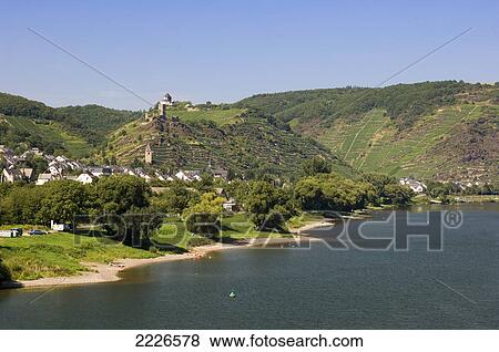 Stock Photo - River with Lower and Upper castles on hills in background, Kobern-Gondorf, Mayen-Koblenz, Rhineland-Palatinate, Germany . Fotosearch