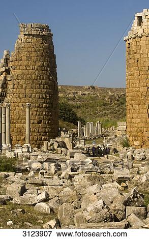 Ruins of two towers in Perge, Turkey View Large Photo Image Stock Photo - Ruins of two towers in Perge, Turkey . Fotosearch