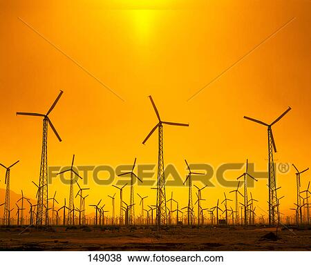 Silhouette of windmills at dusk, California, USA View Large Photo Image Stock Photo - Silhouette of windmills at dusk, California, USA . Fotosearch