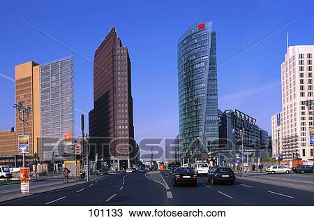 Skyscrapers in city, Bahntower, Potsdamer Platz, Berlin, Germany View Large Photo Image Stock Image - Skyscrapers in city, Bahntower, Potsdamer Platz, Berlin, Germany . Fotosearch